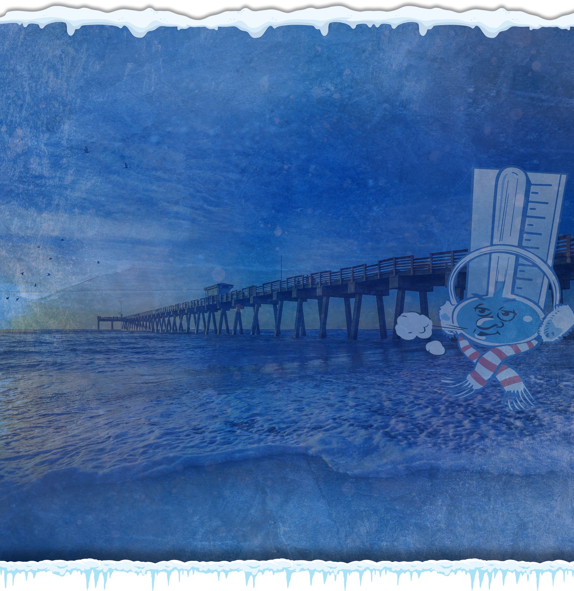 Blue-toned seaside illustration with a long pier and a cartoon bunny in a scarf